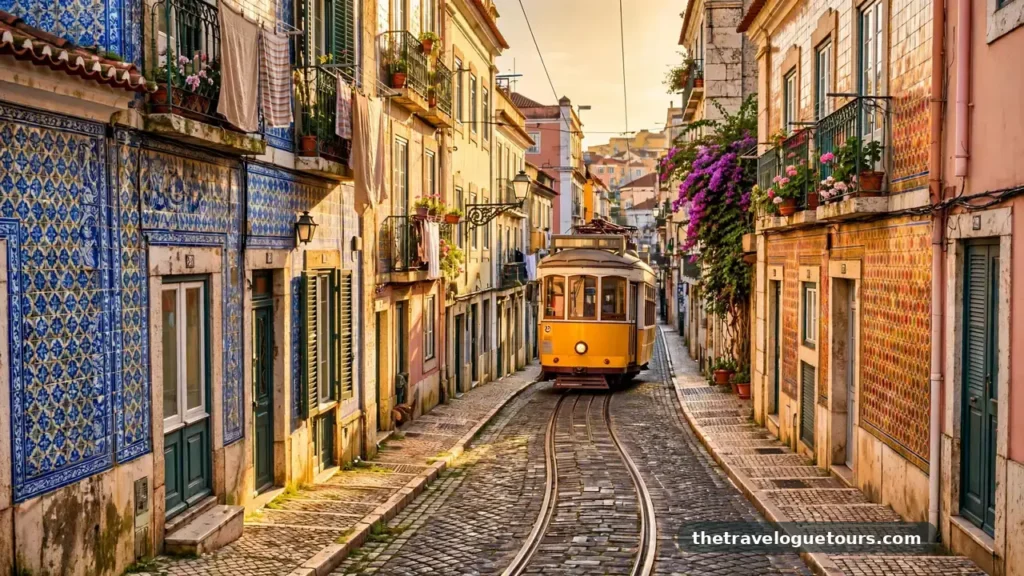 Yellow tram and tiled buildings in Lisbon, Portugal