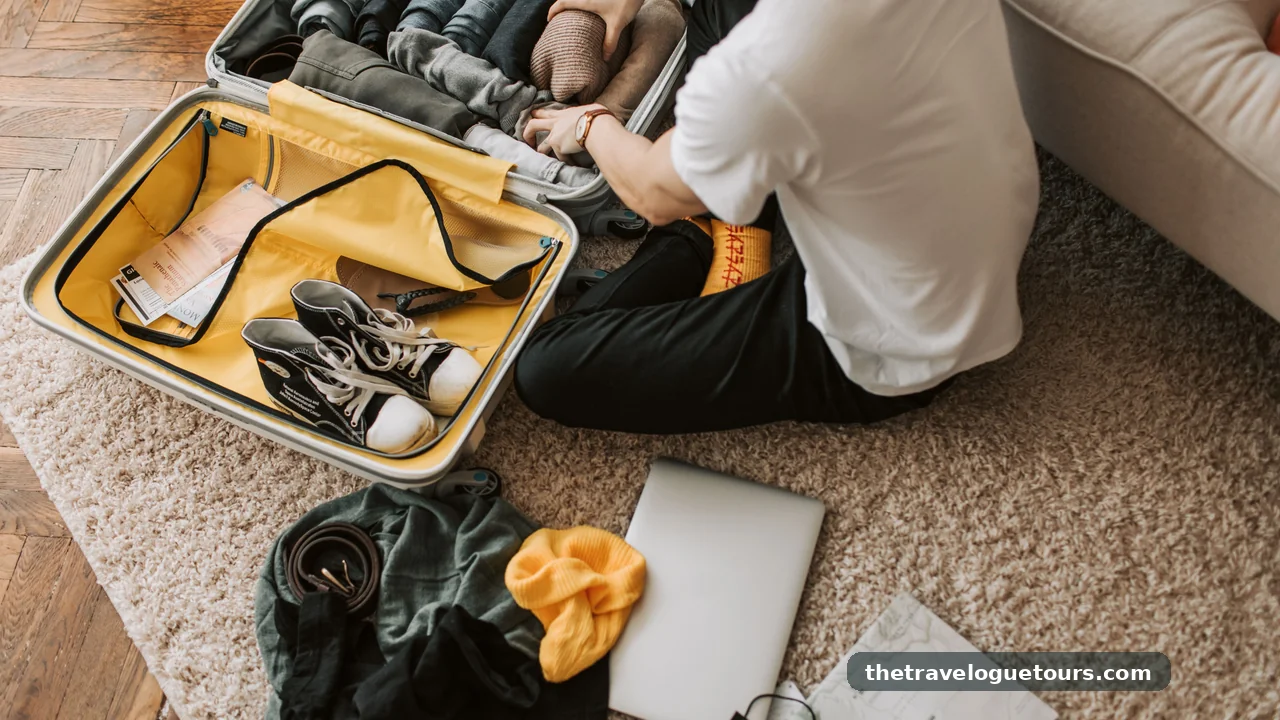 A man packing clothes into a yellow suitcase before a trip