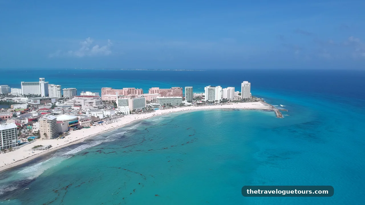 Aerial view of the turquoise waters and pristine beaches of Cancun's Gaviota Azul beach