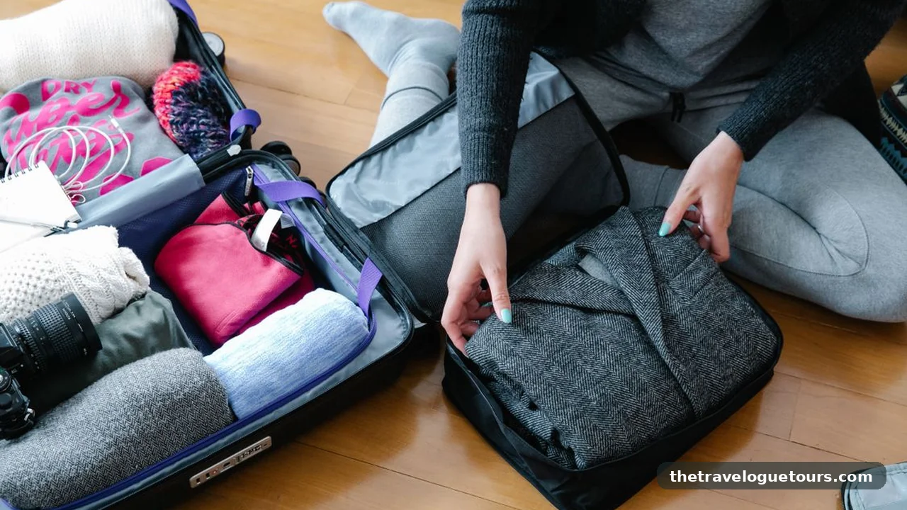 Packing cubes and rolled clothes organised inside an open suitcase