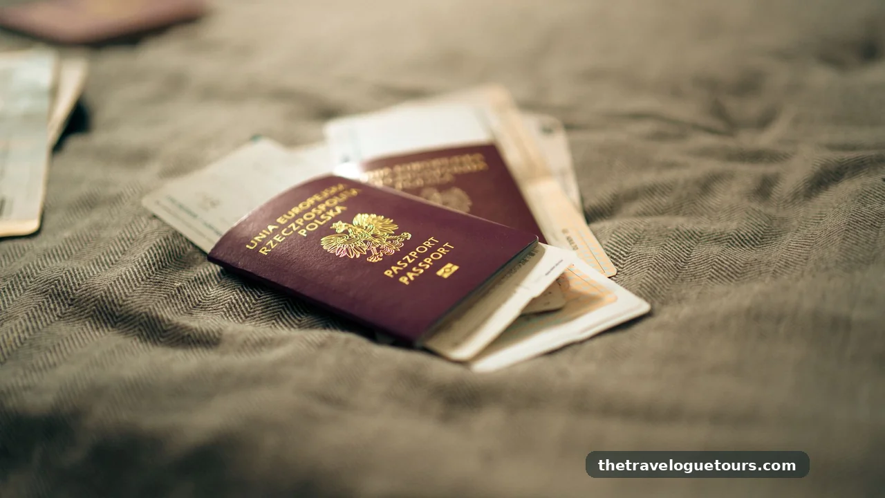Passport and travel documents laid out before a trip