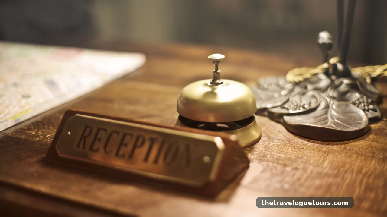 Hotel reception desk with an antique service bell