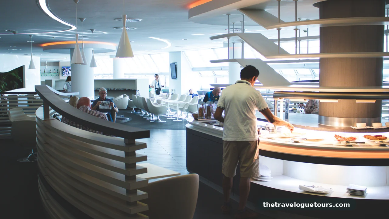 Inside an airport lounge with comfortable seating and a food buffet