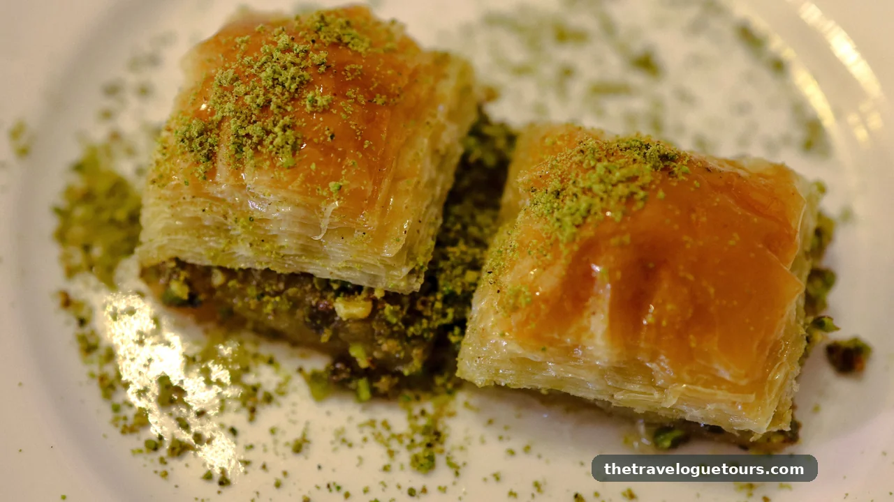Close-up of traditional Turkish baklava topped with crushed pistachios, the perfect sweet ending to an Istanbul street food day