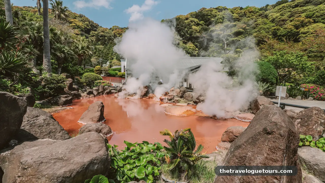 Steam rising from natural hot spring water in Beppu, Japan