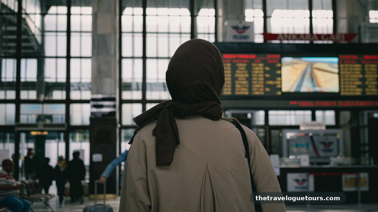 A traveler in a train station facing the departure board, choosing where to go next