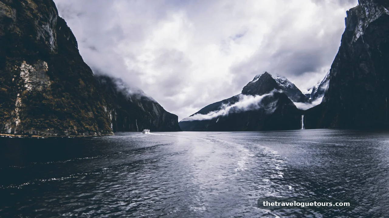 A lone hiker on a boardwalk track overlooking Milford Sound's misty fjords and waterfalls in New Zealand