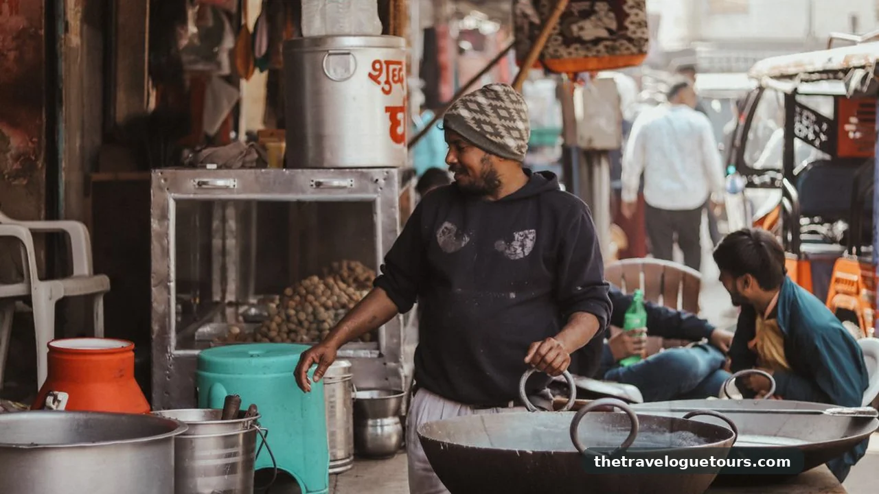 Street food vendor serving food at a busy market stall