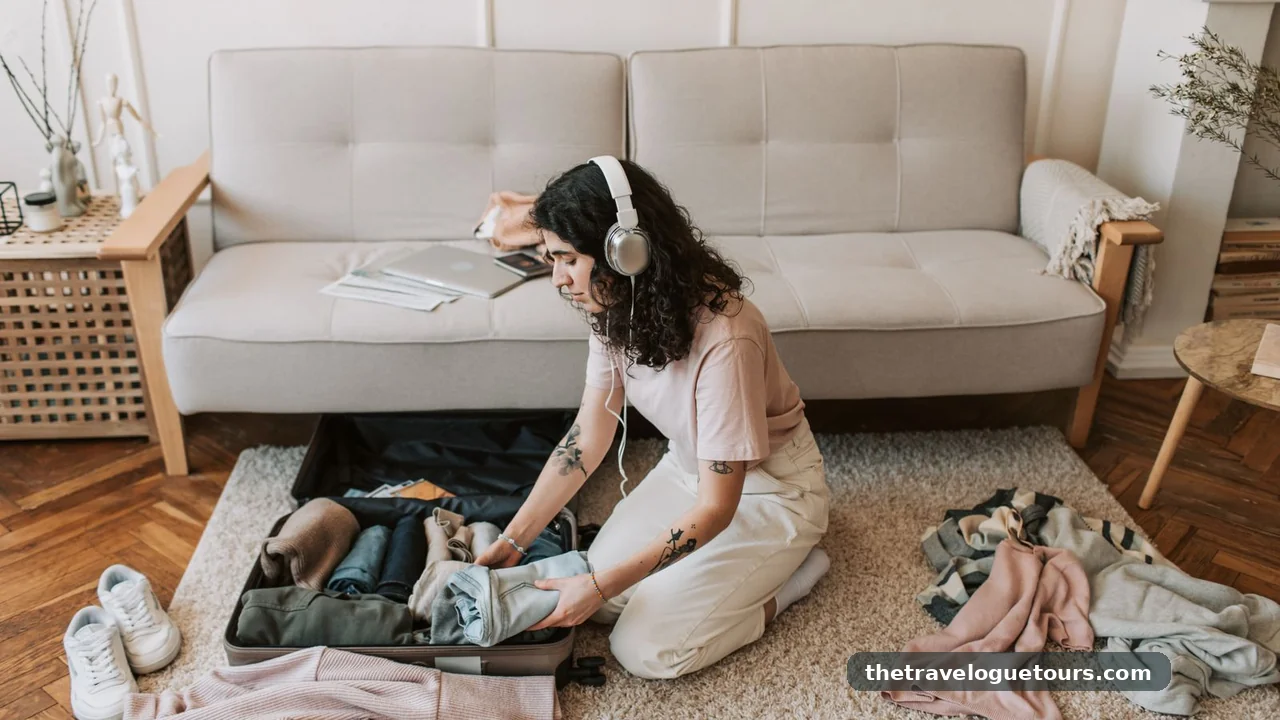 Woman packing a suitcase with rolled clothes in a living room