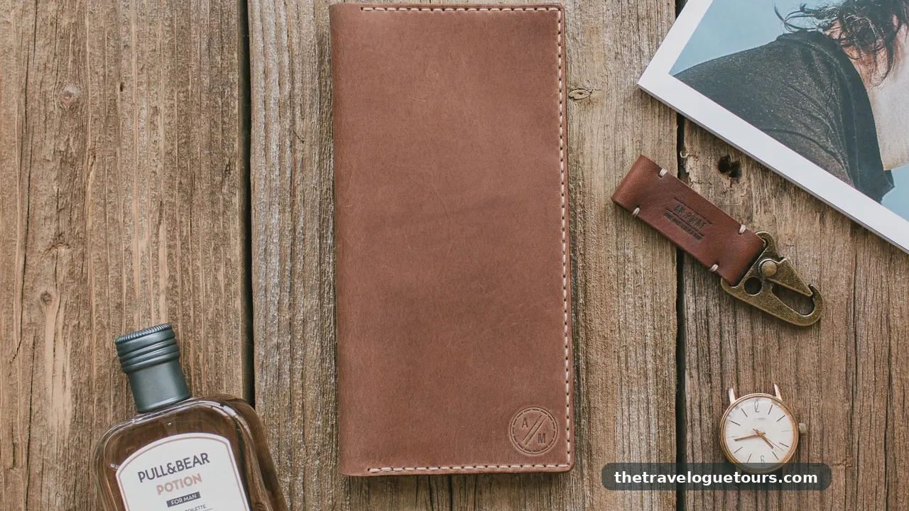 Leather wallet and travel accessories laid out on a wooden table