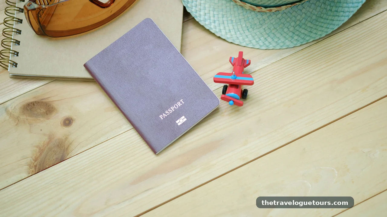 Flat lay of a passport, toy airplane, sunglasses and a notebook on a wooden table