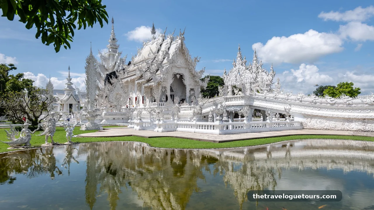 Wat Rong Khun, the White Temple, reflected in a pond under a blue sky in Chiang Rai, Thailand