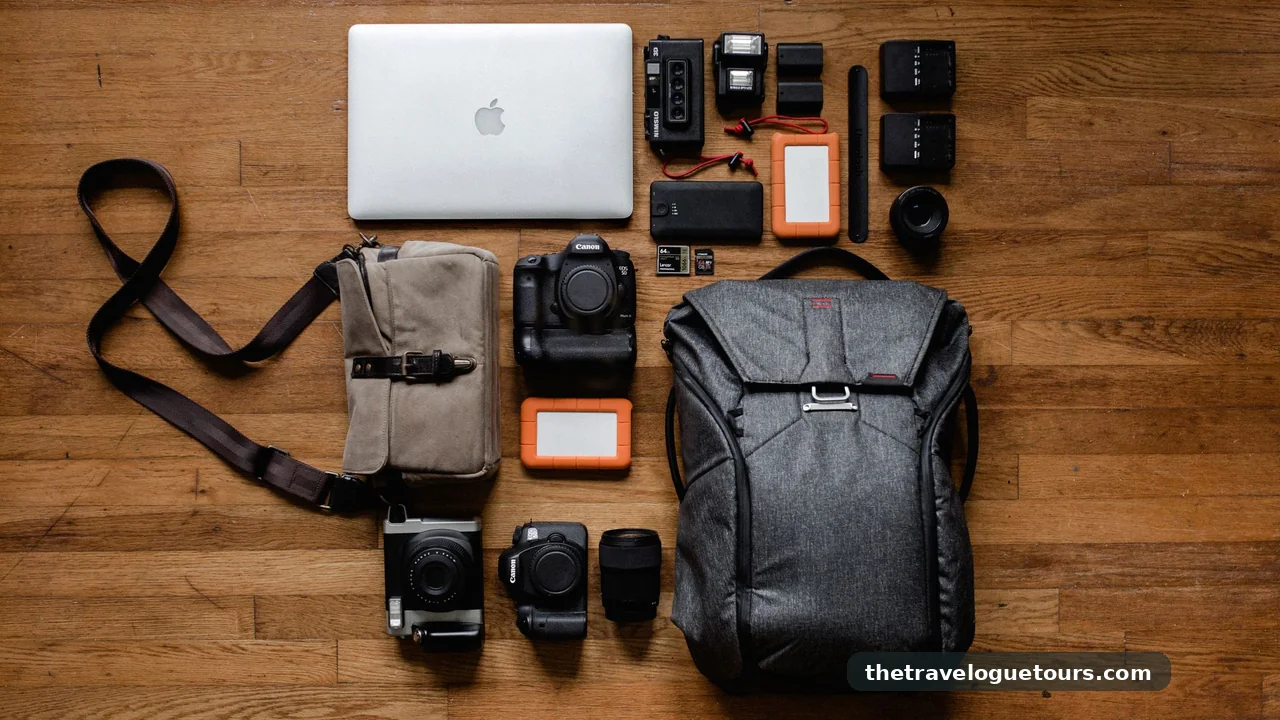 Flat lay of digital nomad work gear including a laptop on a wooden floor