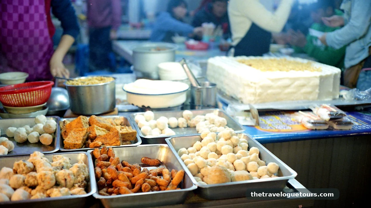 Busy night market stalls serving street food in Taiwan
