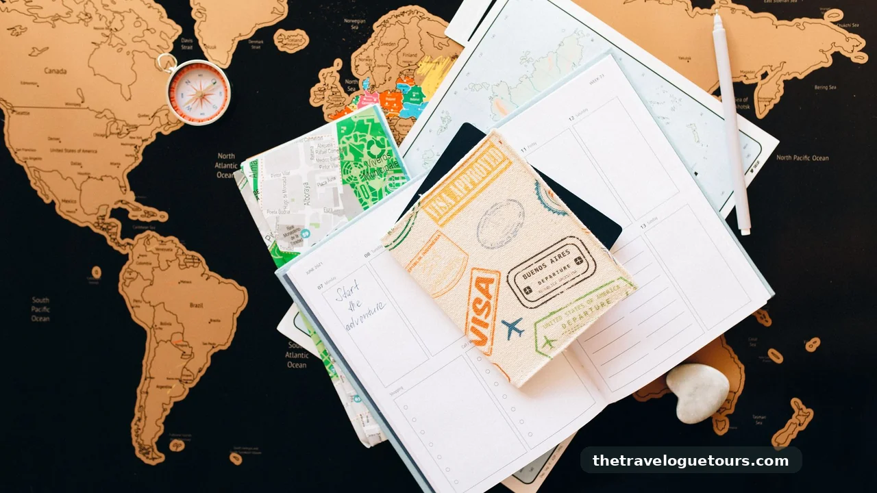 Flat lay of travel planning items on a map, featuring a compass, notebook, and guide