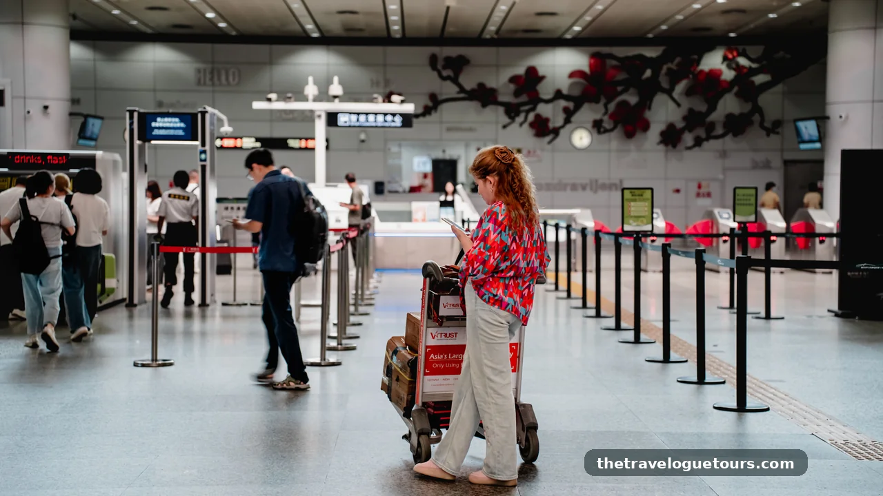 Person checking travel plans on a smartphone with luggage nearby