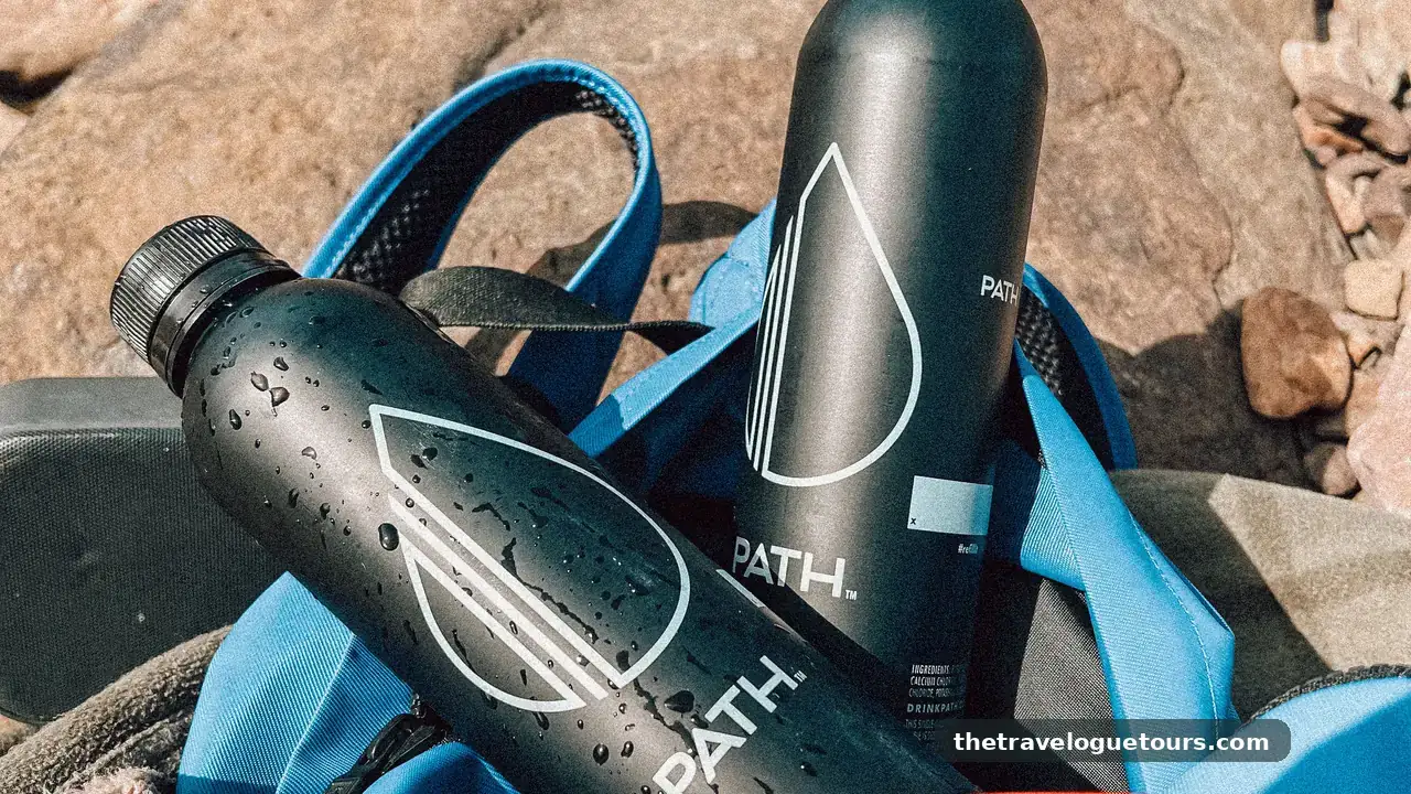 Reusable water bottles packed in a blue backpack for a day outdoors