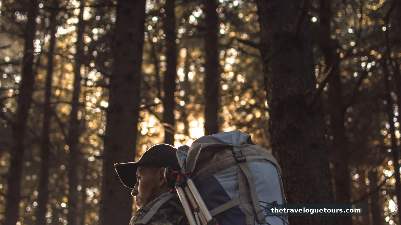 Backpacker with a large backpack walking a trail on a budget adventure