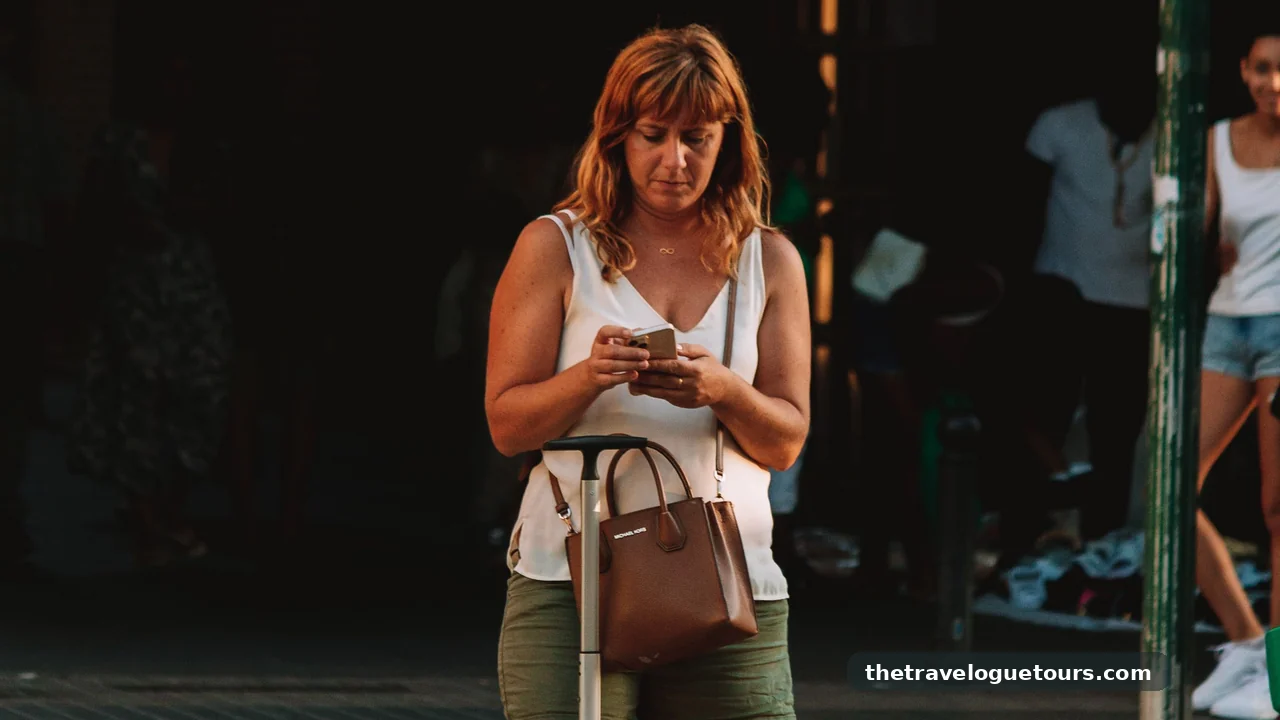 Woman traveler checking her phone on a city street with her suitcase