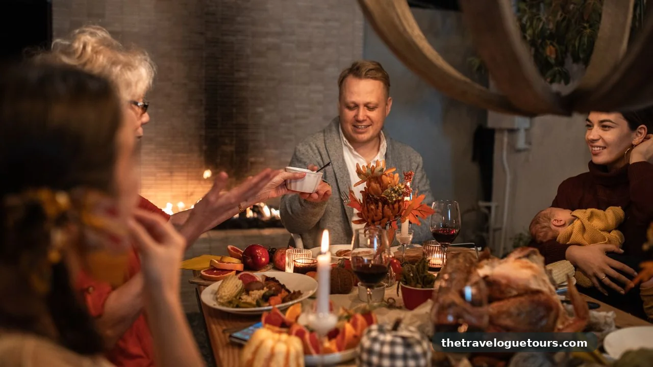 Family gathered around a festive dinner table sharing food and laughter