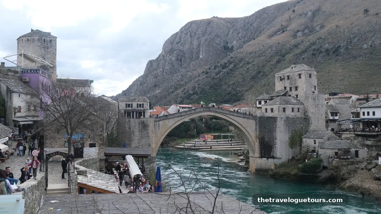 Stari Most Old Bridge arching over the Neretva River in Mostar, Bosnia and Herzegovina