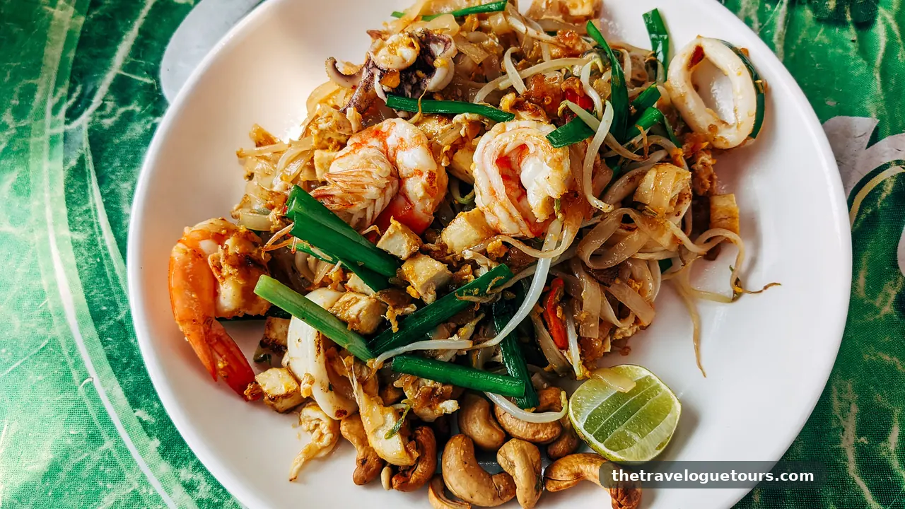 Close-up of pad thai with shrimp, bean sprouts, lime, and cashews served on a white plate