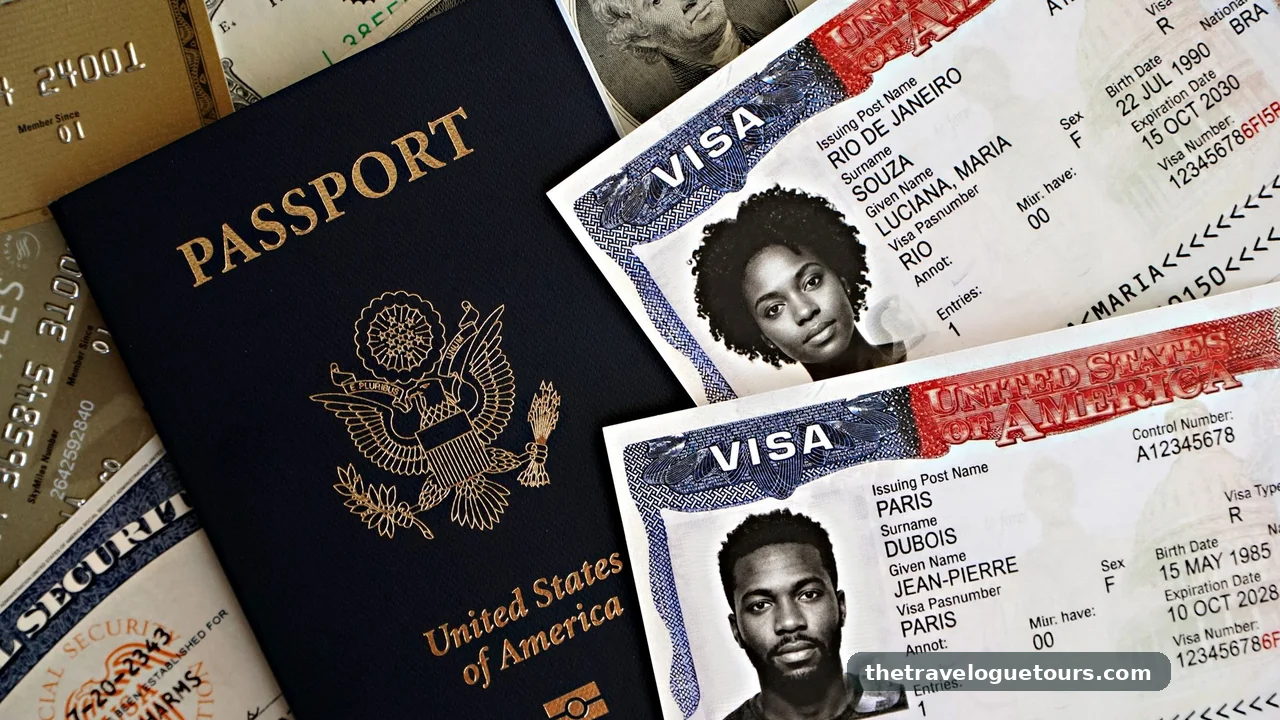 US passport with visa documents and currency laid out for international travel